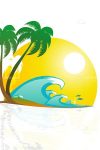 Tropical Beach Scene with Sun, Sea Waves and Palm Trees
